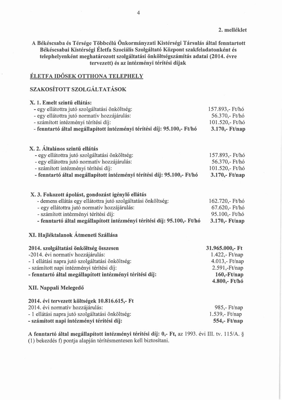 100,- Ft/hó 157.893,- Ft/hó 56.370,- Ftlhó 10 1.520,- Ftlhó 3.170,- Ft/nap X. 2. Általános szintű ellátás - egyellátottra jutó szolgáltatási önköltség: - egyellátottra jutó normatív hozzájárulás: 95.