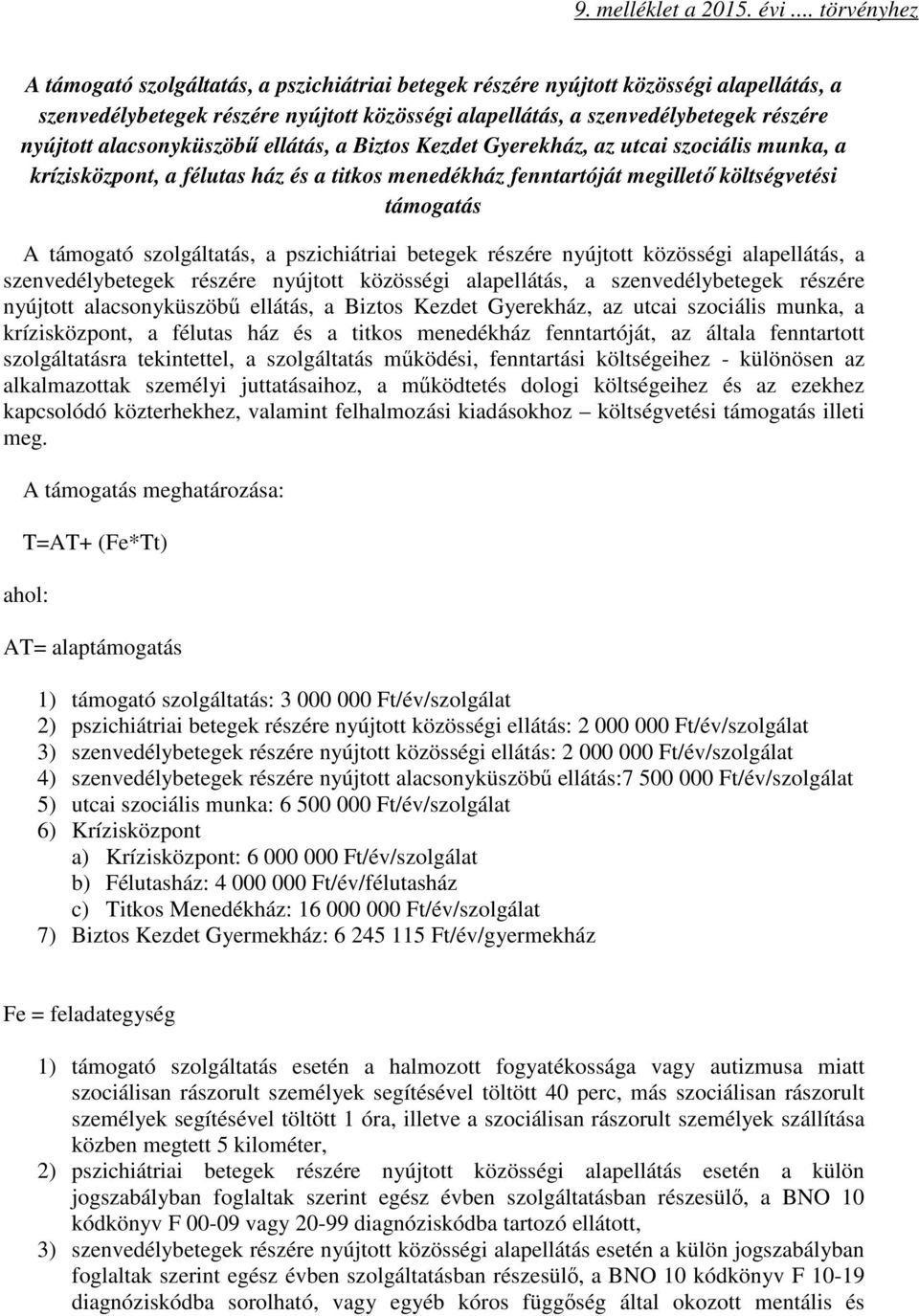 alacsonyküszöbű ellátás, a Biztos Kezdet Gyerekház, az utcai szociális munka, a krízisközpont, a félutas ház és a titkos menedékház fenntartóját megillető költségvetési támogatás A támogató