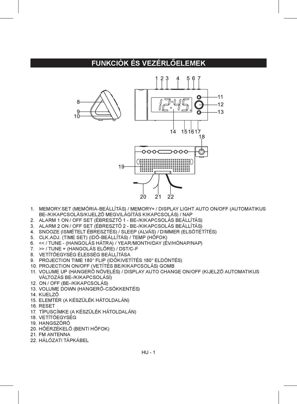 CLK.ADJ. (TIME SET) (IDŐ-BEÁLLÍTÁS) / TEMP (HŐFOK) 6. << / TUNE - (HANGOLÁS HÁTRA) / YEAR/MONTH/DAY (ÉV/HÓNAP/NAP) 7. >> / TUNE + (HANGOLÁS ELŐRE) / DST/C-F 8. VETÍTŐEGYSÉG ÉLESSÉG BEÁLLÍTÁSA 9.