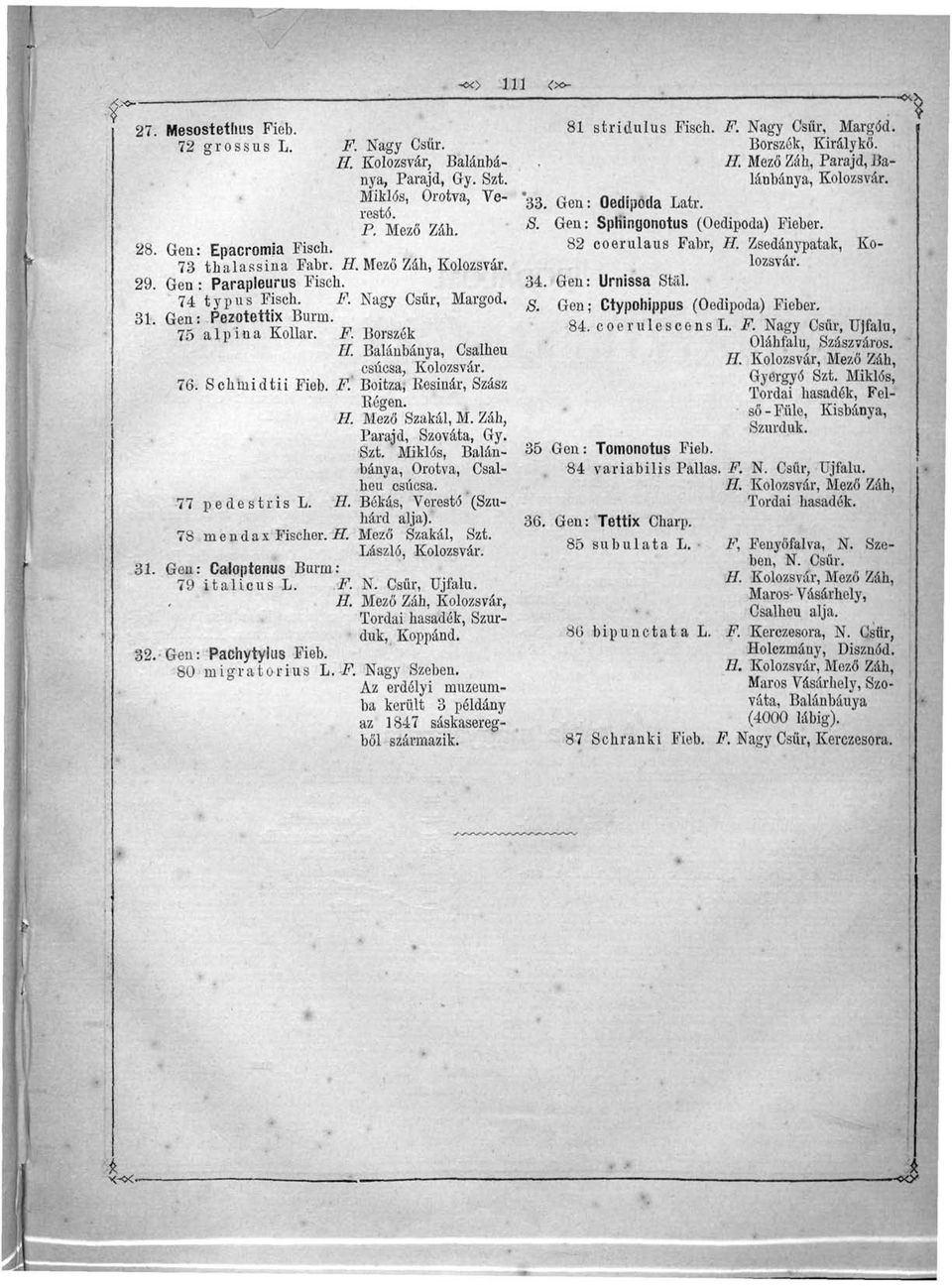 H. Mező Szakái, M. Záh, Parajd, Szováta, Gy. Szt. Miklós, Balánbánya, Orotva, Csalheu csúcsa. 77 pedestris L. H. Békás, Verestó (Szuhárd alja). 78 m e n d a x Fischer. H. Mező Szakái, Szt. László, 31.