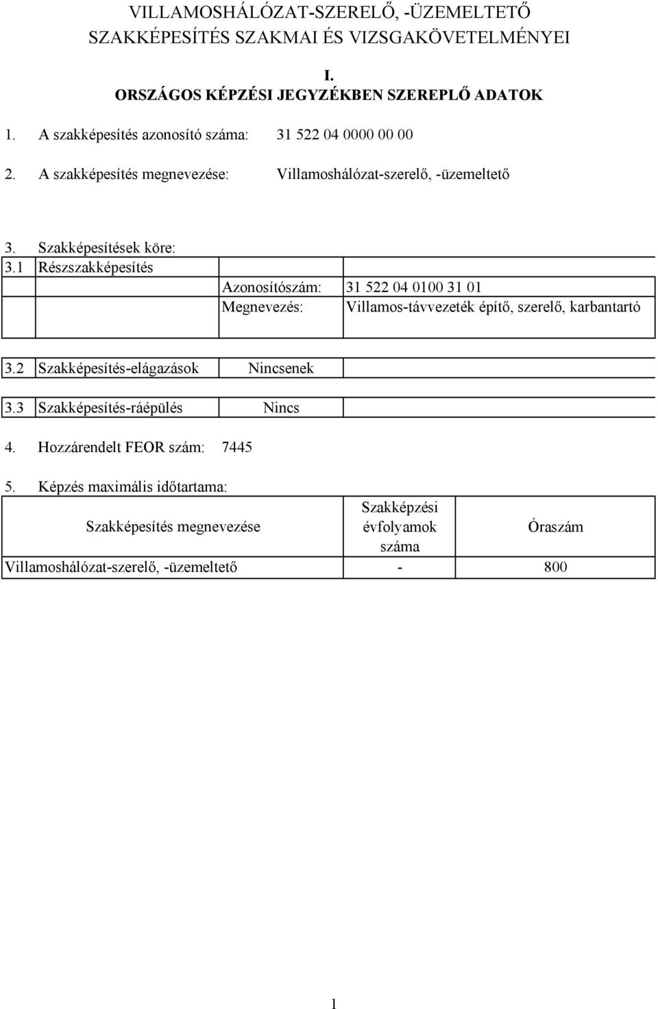 1 Részszakképesítés Azonosítószám: 31 522 04 0100 31 01 Megnevezés: Villamos-távvezeték építő, szerelő, karbantartó 3.2 Szakképesítés-elágazások 3.