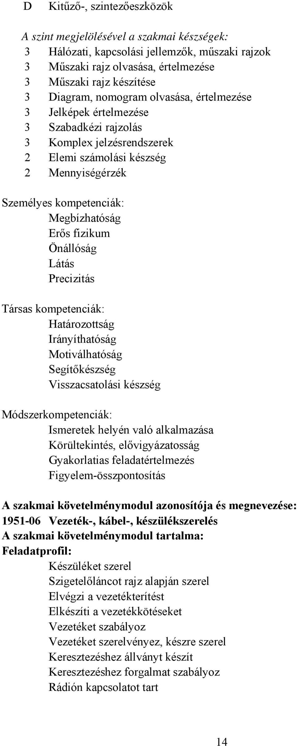 Önállóság Látás Precizitás Társas kompetenciák: Határozottság Irányíthatóság Motiválhatóság Segítőkészség Visszacsatolási készség Módszerkompetenciák: Ismeretek helyén való alkalmazása Körültekintés,