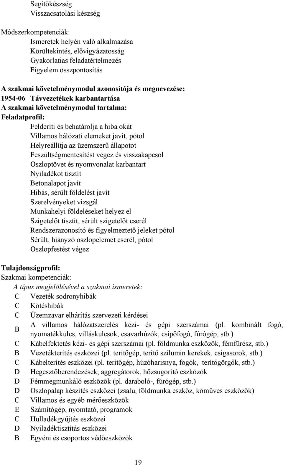 javít, pótol Helyreállítja az üzemszerű állapotot Feszültségmentesítést végez és visszakapcsol Oszloptövet és nyomvonalat karbantart Nyiladékot tisztít Betonalapot javít Hibás, sérült földelést javít