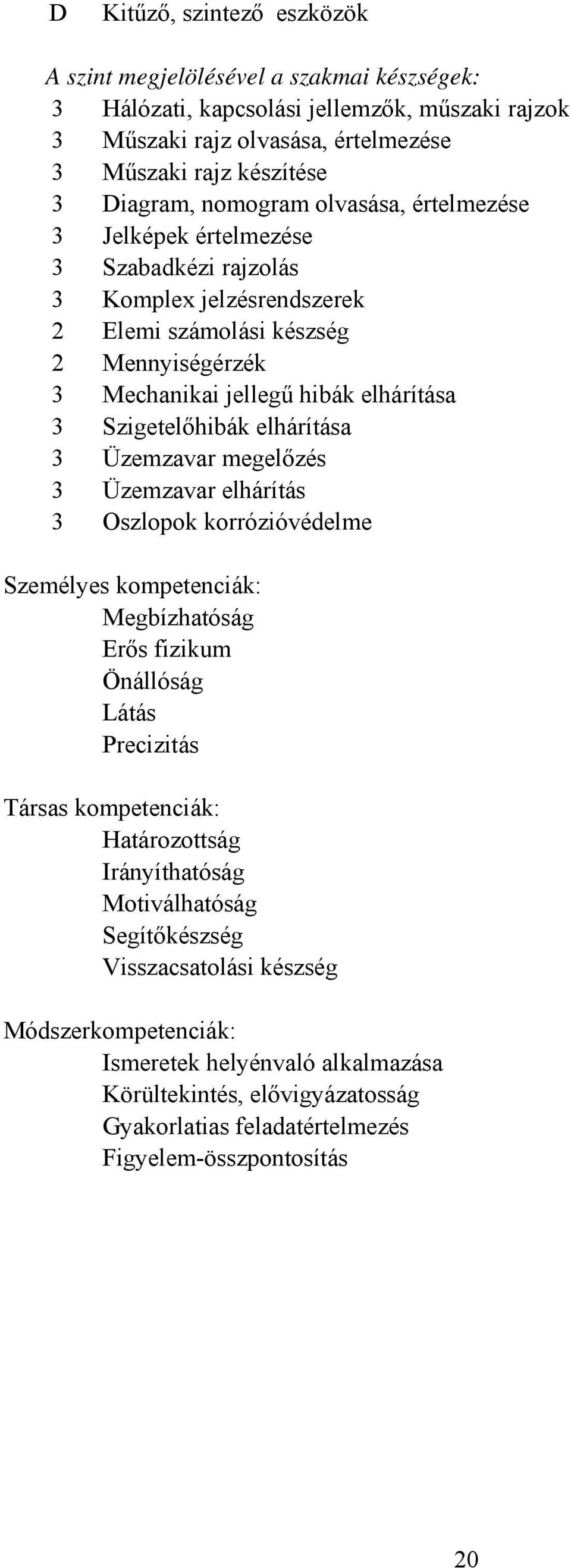 Szigetelőhibák elhárítása 3 Üzemzavar megelőzés 3 Üzemzavar elhárítás 3 Oszlopok korrózióvédelme Személyes kompetenciák: Megbízhatóság Erős fizikum Önállóság Látás Precizitás Társas kompetenciák: