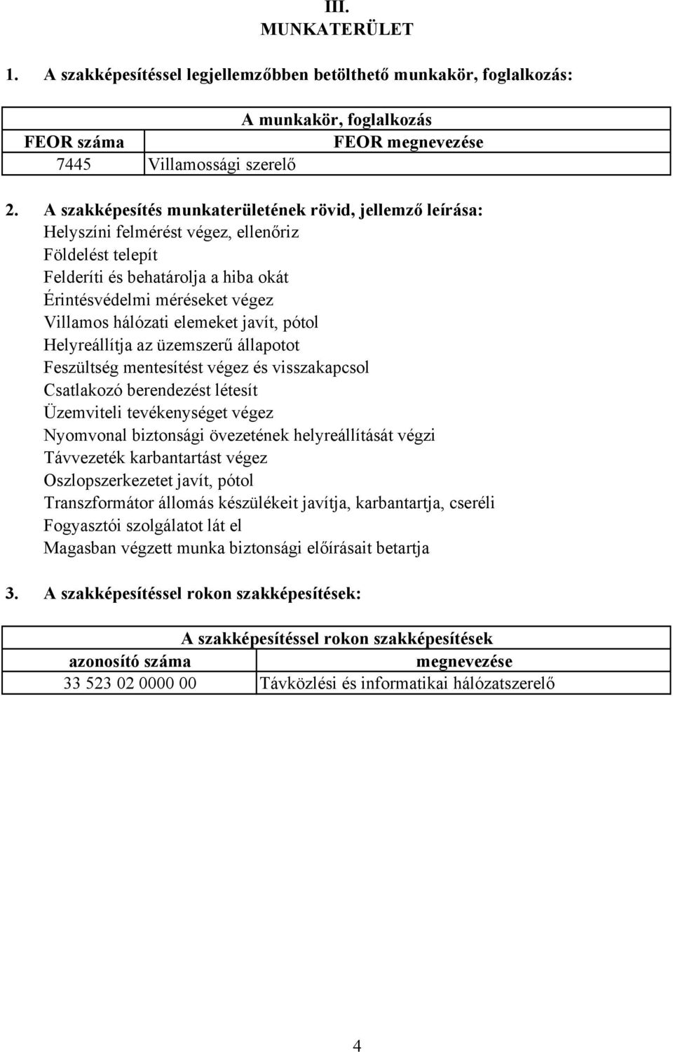 elemeket javít, pótol Helyreállítja az üzemszerű állapotot Feszültség mentesítést végez és visszakapcsol satlakozó berendezést létesít Üzemviteli tevékenységet végez Nyomvonal biztonsági övezetének