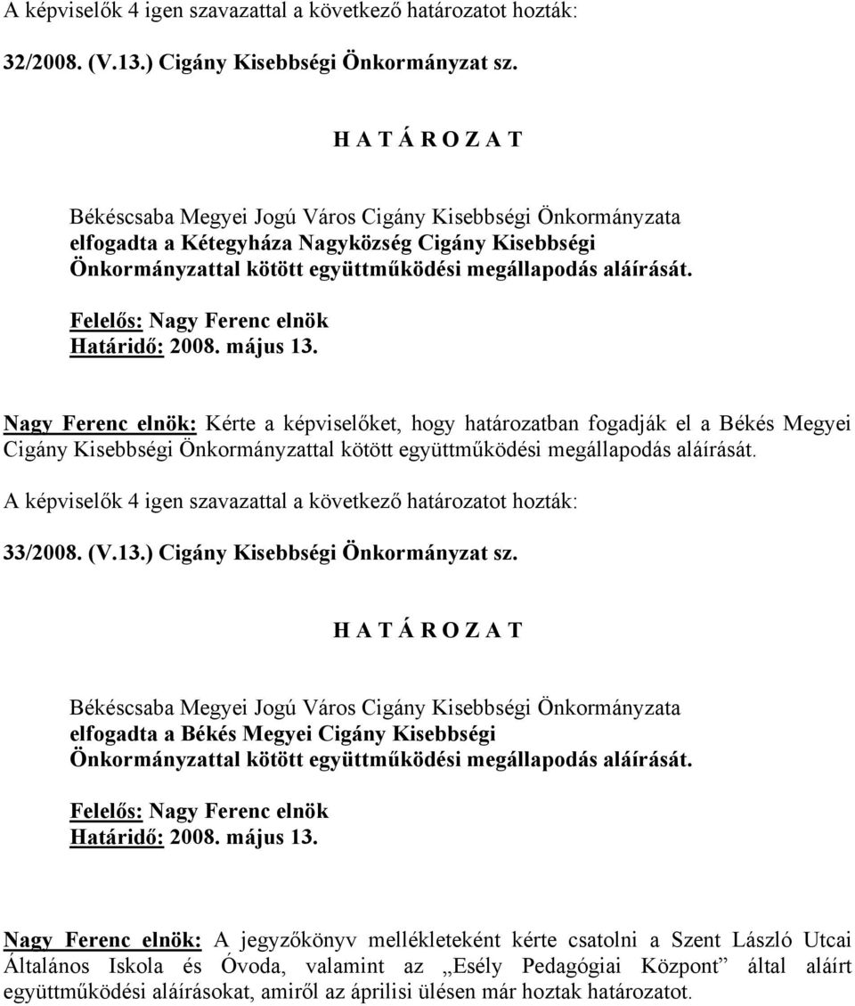 ) Cigány Kisebbségi Önkormányzat sz. elfogadta a Békés Megyei Cigány Kisebbségi Önkormányzattal kötött együttműködési megállapodás aláírását.