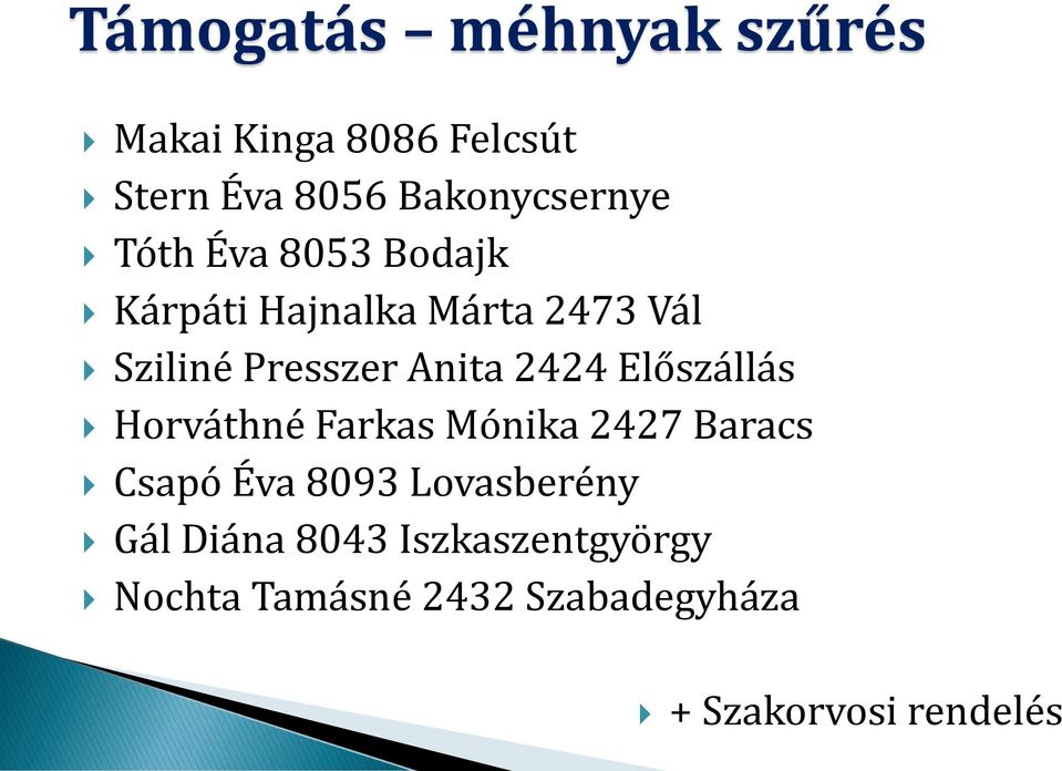 Előszállás Horváthné Farkas Mónika 2427 Baracs Csapó Éva 8093 Lovasberény Gál