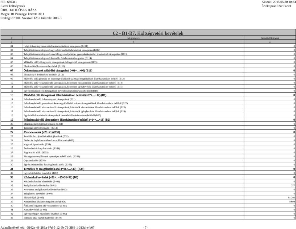 (B112) 0 03 Települési önkormányzatok szociális gyermekjóléti és gyermekétkeztetési feladatainak támogatása (B113) 0 04 Települési önkormányzatok kulturális feladatainak támogatása (B114) 0 05