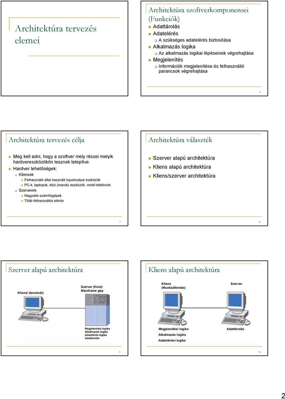 Hardver lehetőségek: Kliensek Felhasználó által használt input/output eszközök PC-k, laptopok, kézi (marok) eszközök, mobil telefonok Szerverek Nagyobb számítógépek Több felhasználós elérés Szerver