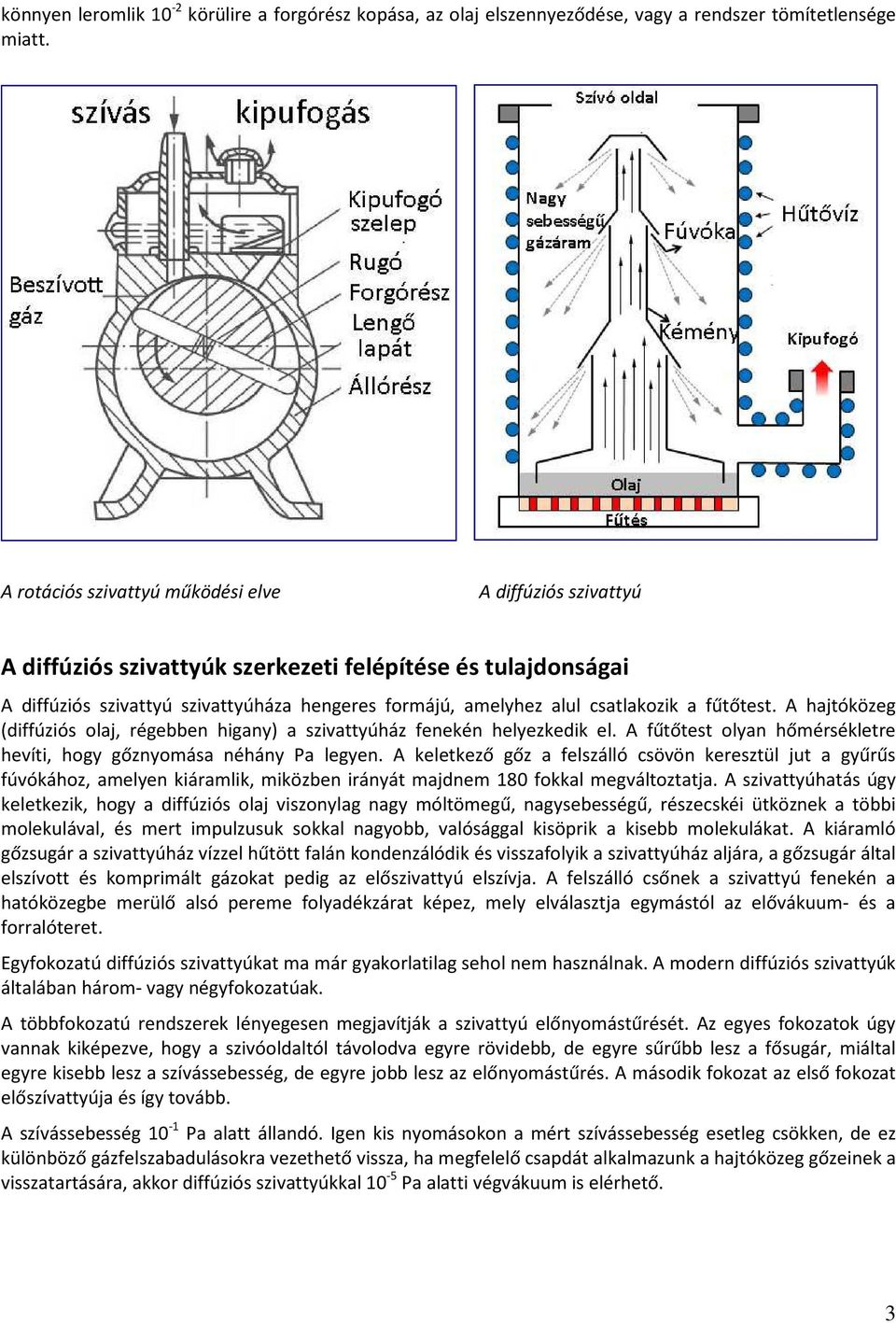 a fűtőtest. A hajtóközeg (diffúziós olaj, régebben higany) a szivattyúház fenekén helyezkedik el. A fűtőtest olyan hőmérsékletre hevíti, hogy gőznyomása néhány Pa legyen.