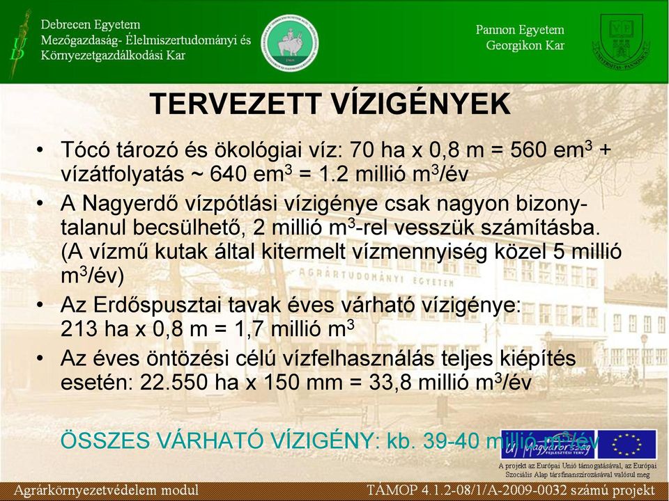 (A vízmű kutak által kitermelt vízmennyiség közel 5 millió m 3 /év) Az Erdőspusztai tavak éves várható vízigénye: 213 ha x 0,8 m =