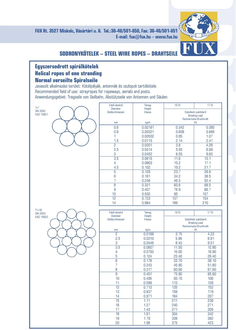 Recommended field of use: strayropes for ropeways, aerials and posts. Anwendungsgebiet: Tragseile von Seilbahn, Abstützseile von Antennen und Säulen. 1x7 DIN 3052 MSZ 15821 UX 0.6 0.00181 0.342 0.