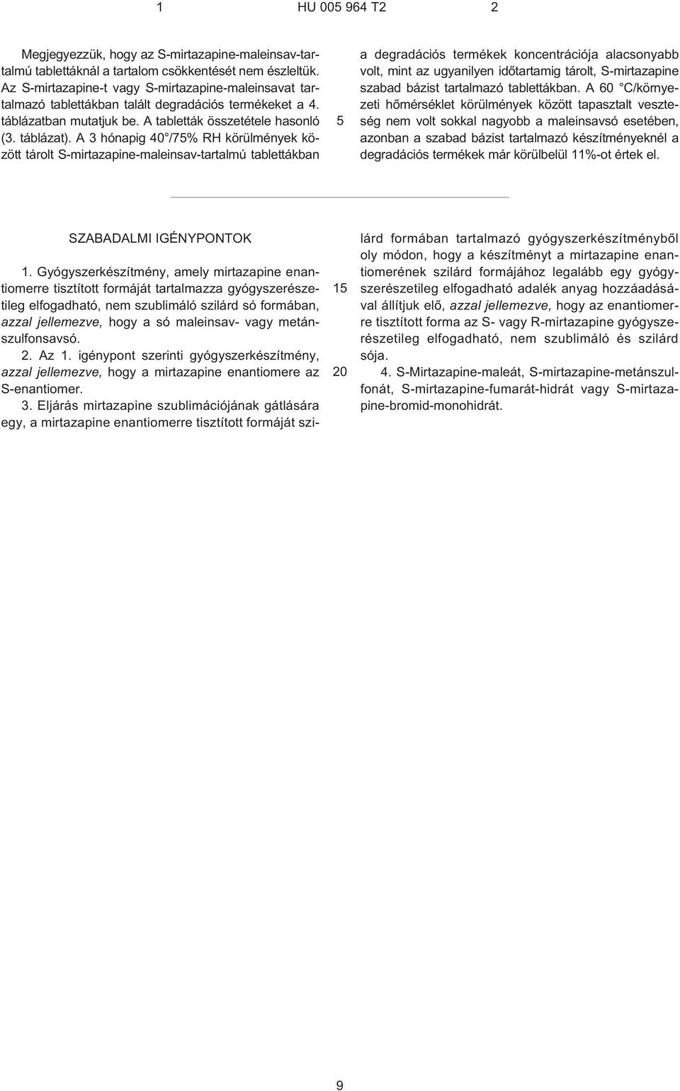 A 3 hónapig 40 /75% körülmények között tárolt S¹mirtazapine-maleinsav-tartalmú tablettákban 5 a degradációs termékek koncentrációja alacsonyabb volt, mint az ugyanilyen idõtartamig tárolt,
