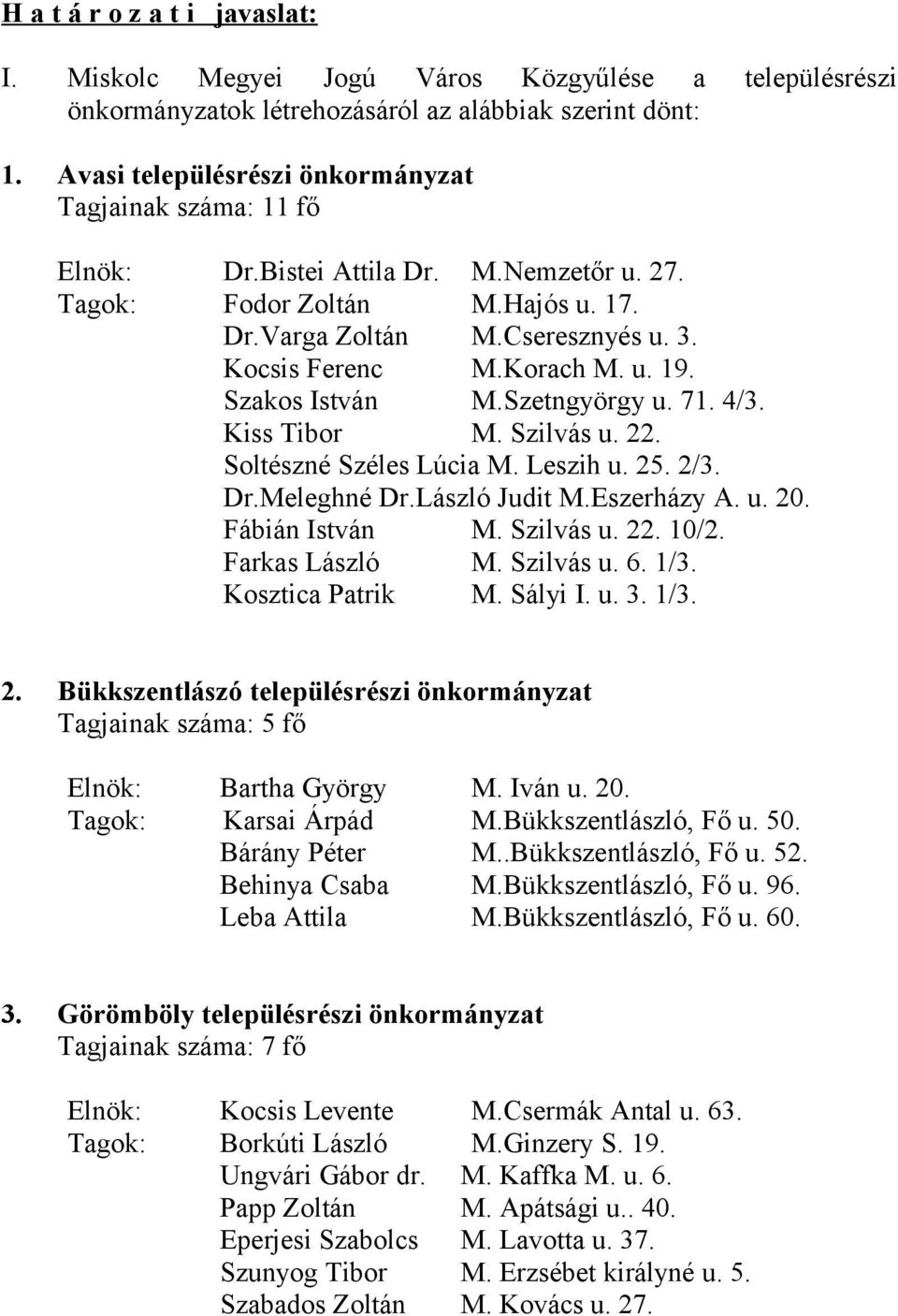 u. 19. Szakos István M.Szetngyörgy u. 71. 4/3. Kiss Tibor M. Szilvás u. 22. Soltészné Széles Lúcia M. Leszih u. 25. 2/3. Dr.Meleghné Dr.László Judit M.Eszerházy A. u. 20. Fábián István M. Szilvás u. 22. 10/2.