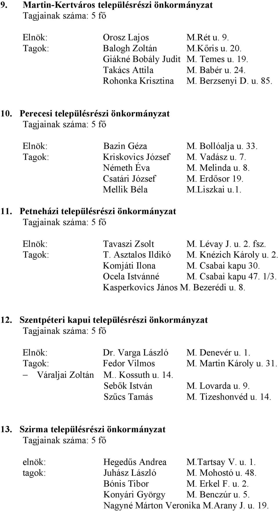 Erdősor 19. Mellik Béla M.Liszkai u.1. 11. Petneházi településrészi önkormányzat Elnök: Tavaszi Zsolt M. Lévay J. u. 2. fsz. Tagok: T. Asztalos Ildikó M. Knézich Károly u. 2. Komjáti Ilona M.