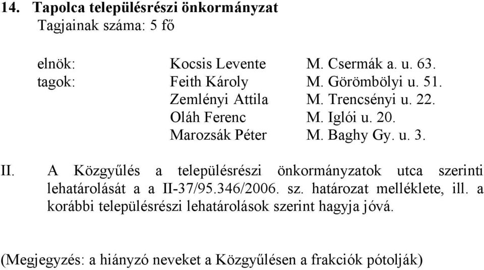 A Közgyűlés a településrészi önkormányzatok utca szerinti lehatárolását a a II-37/95.346/2006. sz. határozat melléklete, ill.