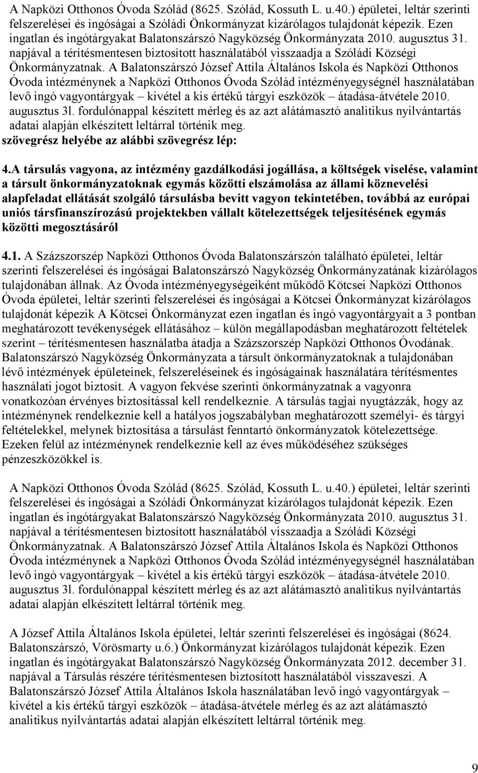A Balatonszárszó József Attila Általános Iskola és Napközi Otthonos Óvoda intézménynek a Napközi Otthonos Óvoda Szólád intézményegységnél használatában levő ingó vagyontárgyak kivétel a kis értékű