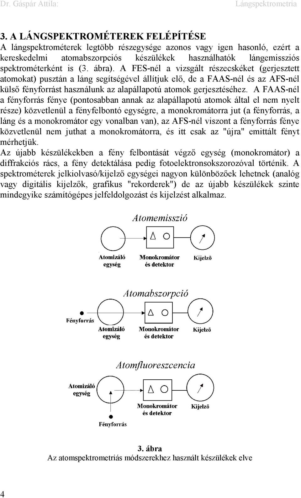 A FES-nél a vizsgált részecskéket (gerjesztett atomokat) pusztán a láng segítségével állítjuk elő, de a FAAS-nél és az AFS-nél külső fényforrást használunk az alapállapotú atomok gerjesztéséhez.