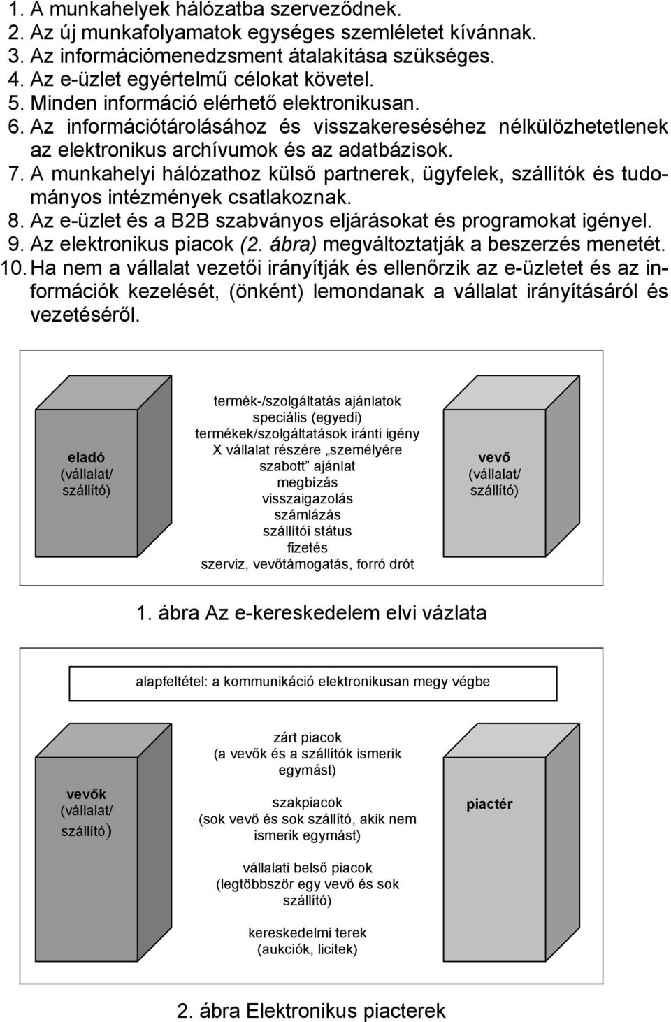 A munkahelyi hálózathoz külső partnerek, ügyfelek, szállítók és tudományos intézmények csatlakoznak. 8. Az e-üzlet és a B2B szabványos eljárásokat és programokat igényel. 9. Az elektronikus piacok (2.