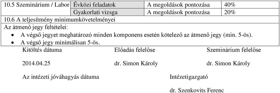 kötelező az átmenő jegy (min. 5-ös). A végső jegy minimálisan 5-ös.