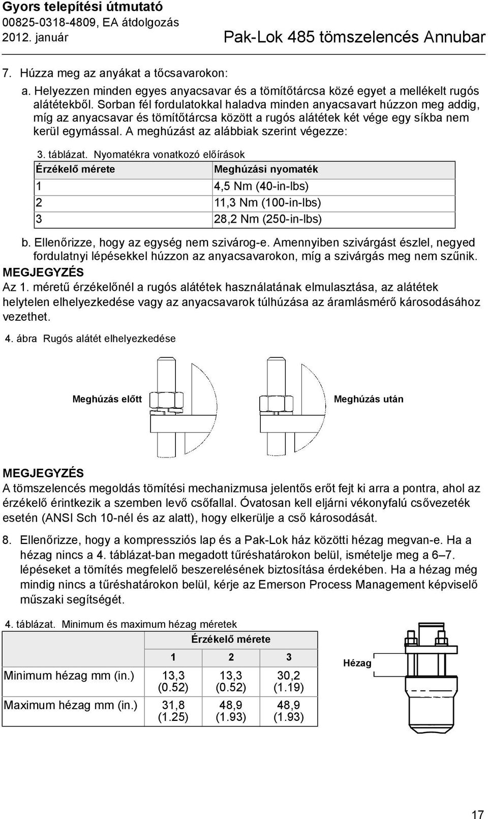 Sorban fél fordulatokkal haladva minden anyacsavart húzzon meg addig, míg az anyacsavar és tömítőtárcsa között a rugós alátétek két vége egy síkba nem kerül egymással.