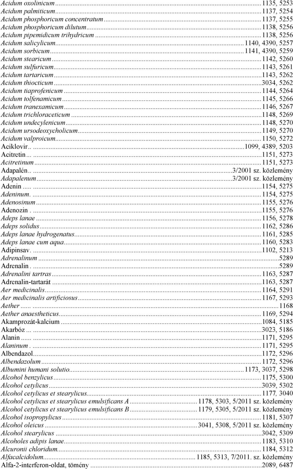 ..3034, 5262 Acidum tiaprofenicum...1144, 5264 Acidum tolfenamicum...1145, 5266 Acidum tranexamicum...1146, 5267 Acidum trichloraceticum...1148, 5269 Acidum undecylenicum.