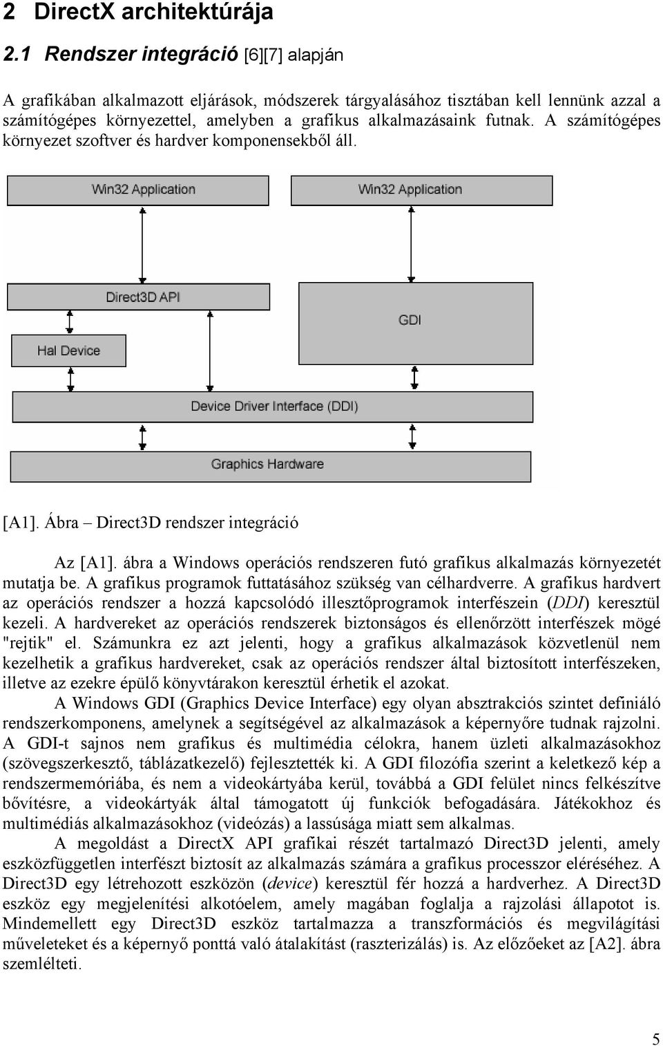 A számítógépes környezet szoftver és hardver komponensekből áll. [A1]. Ábra Direct3D rendszer integráció Az [A1]. ábra a Windows operációs rendszeren futó grafikus alkalmazás környezetét mutatja be.