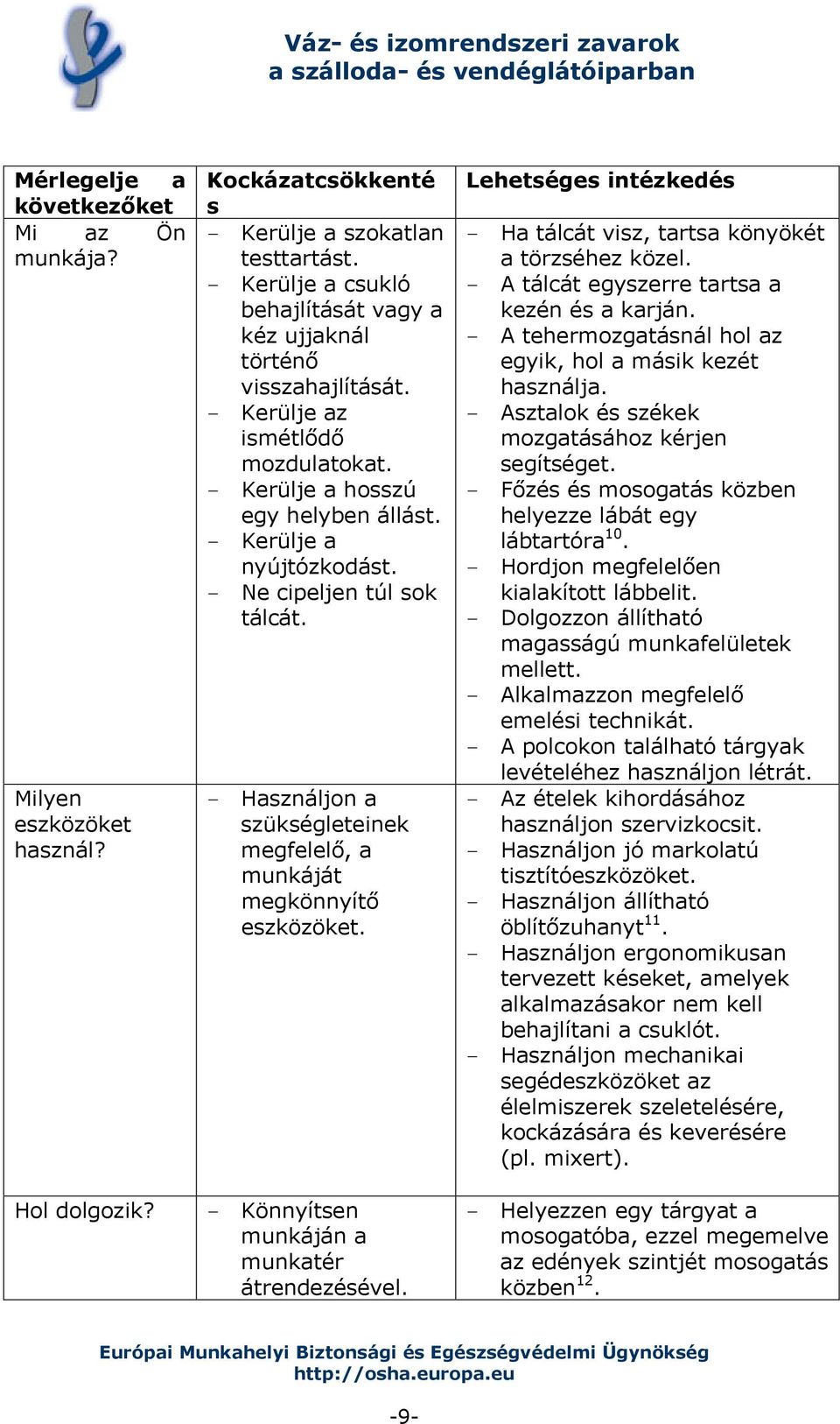- Ne cipeljen túl sok tálcát. - Használjon a szükségleteinek megfelelő, a munkáját megkönnyítő eszközöket. - Könnyítsen munkáján a munkatér átrendezésével.