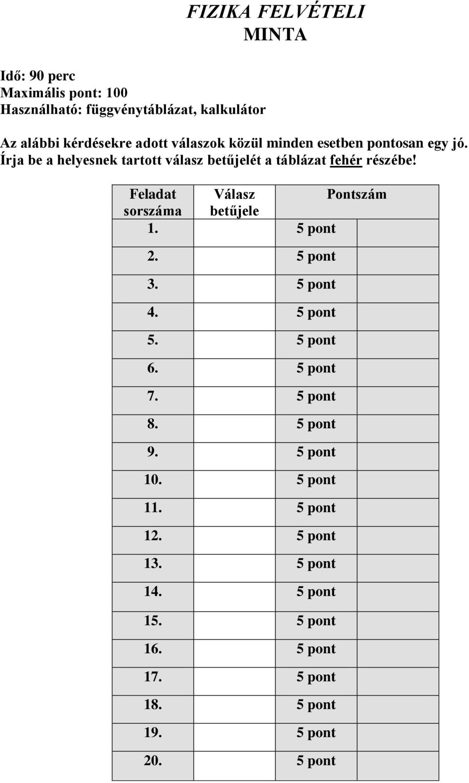 Felada Válasz Ponszám sorszáma beűjele 1. 5 pon 2. 5 pon 3. 5 pon 4. 5 pon 5. 5 pon 6. 5 pon 7. 5 pon 8. 5 pon 9.