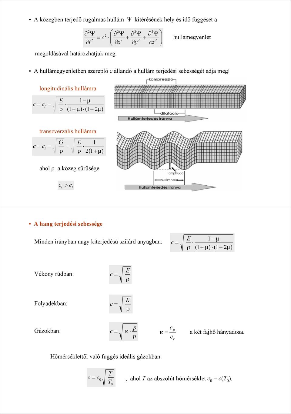 logitudiális hullámra c c l E µ ρ ( + µ ) ( µ ) traszverzális hullámra c c t G ρ E ρ ( + µ ) ahol ρ a közeg sűrűsége c l > c t A hag terjedési sebessége