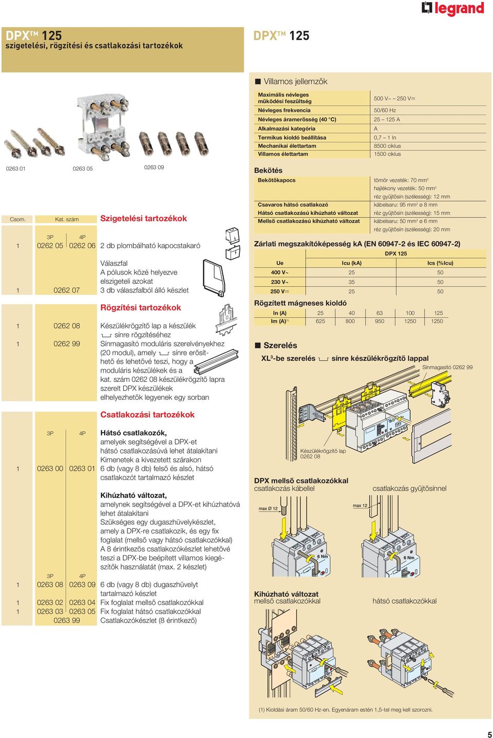 szám Szigetelési tartozékok P 4P 0262 05 0262 06 2 db plombálható kapocstakaró Válaszfal A pólusok közé helyezve elszigeteli azokat 0262 07 db válaszfalból álló készlet Rögzítési tartozékok 0262 08