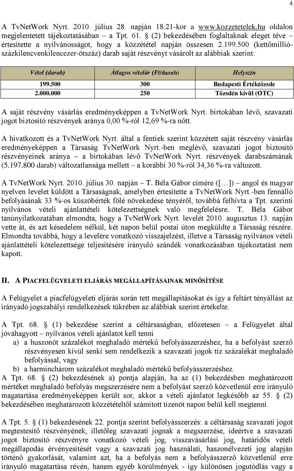 500 (kettőmilliószázkilencvenkilencezer-ötszáz) darab saját részvényt vásárolt az alábbiak szerint: Vétel (darab) Átlagos vételár (Ft/darab) Helyszín 199.500 300 Budapesti Értéktőzsde 2.000.