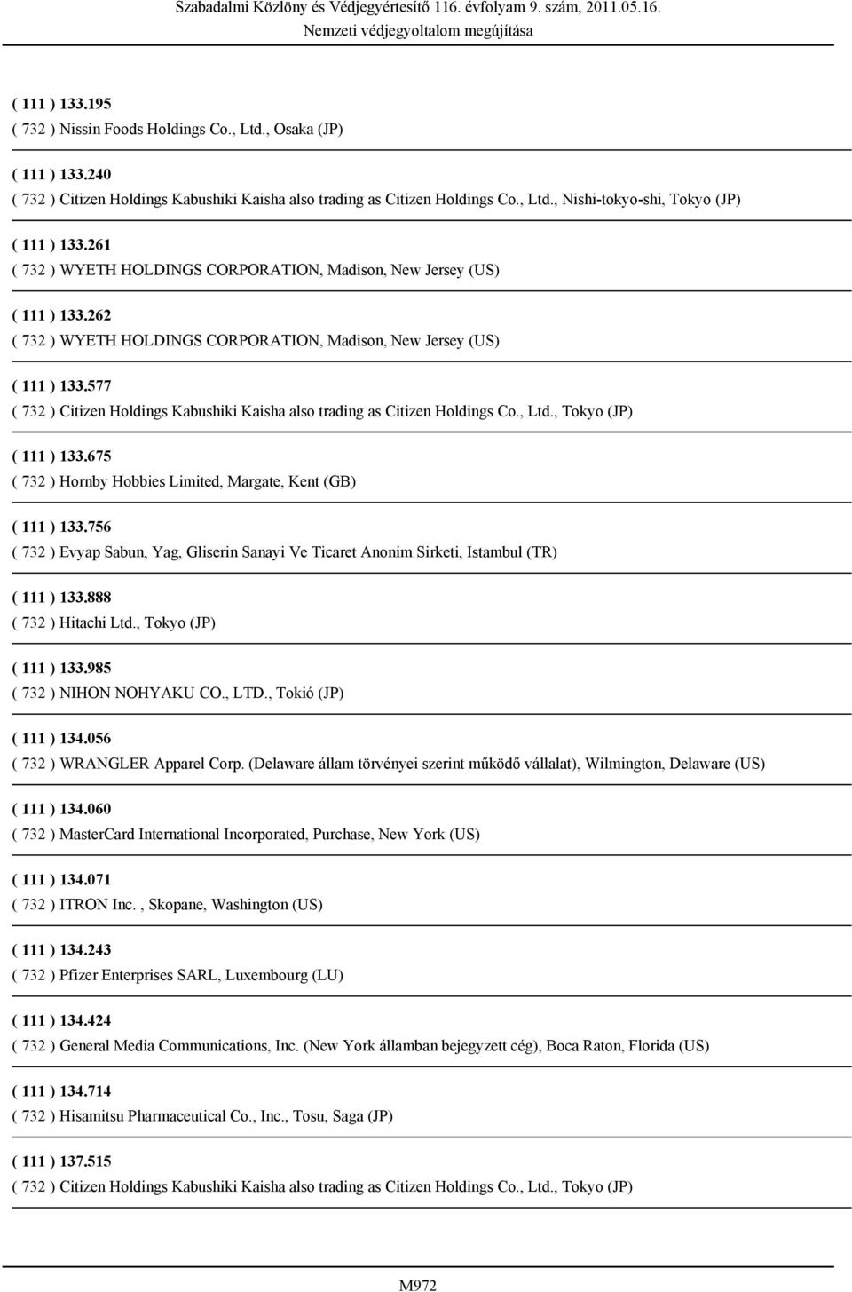 577 ( 732 ) Citizen Holdings Kabushiki Kaisha also trading as Citizen Holdings Co., Ltd., Tokyo (JP) ( 111 ) 133.675 ( 732 ) Hornby Hobbies Limited, Margate, Kent (GB) ( 111 ) 133.