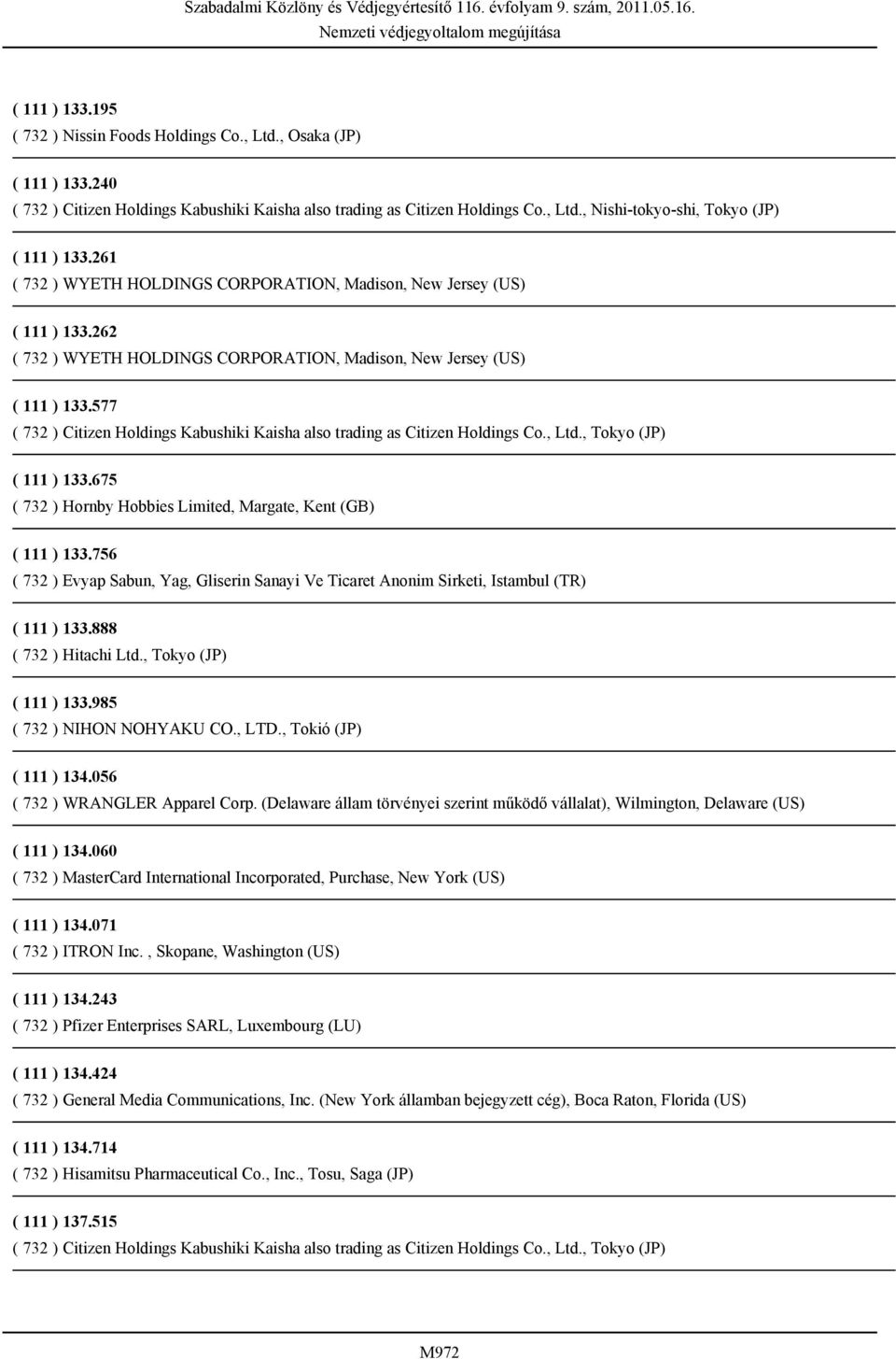 577 ( 732 ) Citizen Holdings Kabushiki Kaisha also trading as Citizen Holdings Co., Ltd., Tokyo (JP) ( 111 ) 133.675 ( 732 ) Hornby Hobbies Limited, Margate, Kent (GB) ( 111 ) 133.