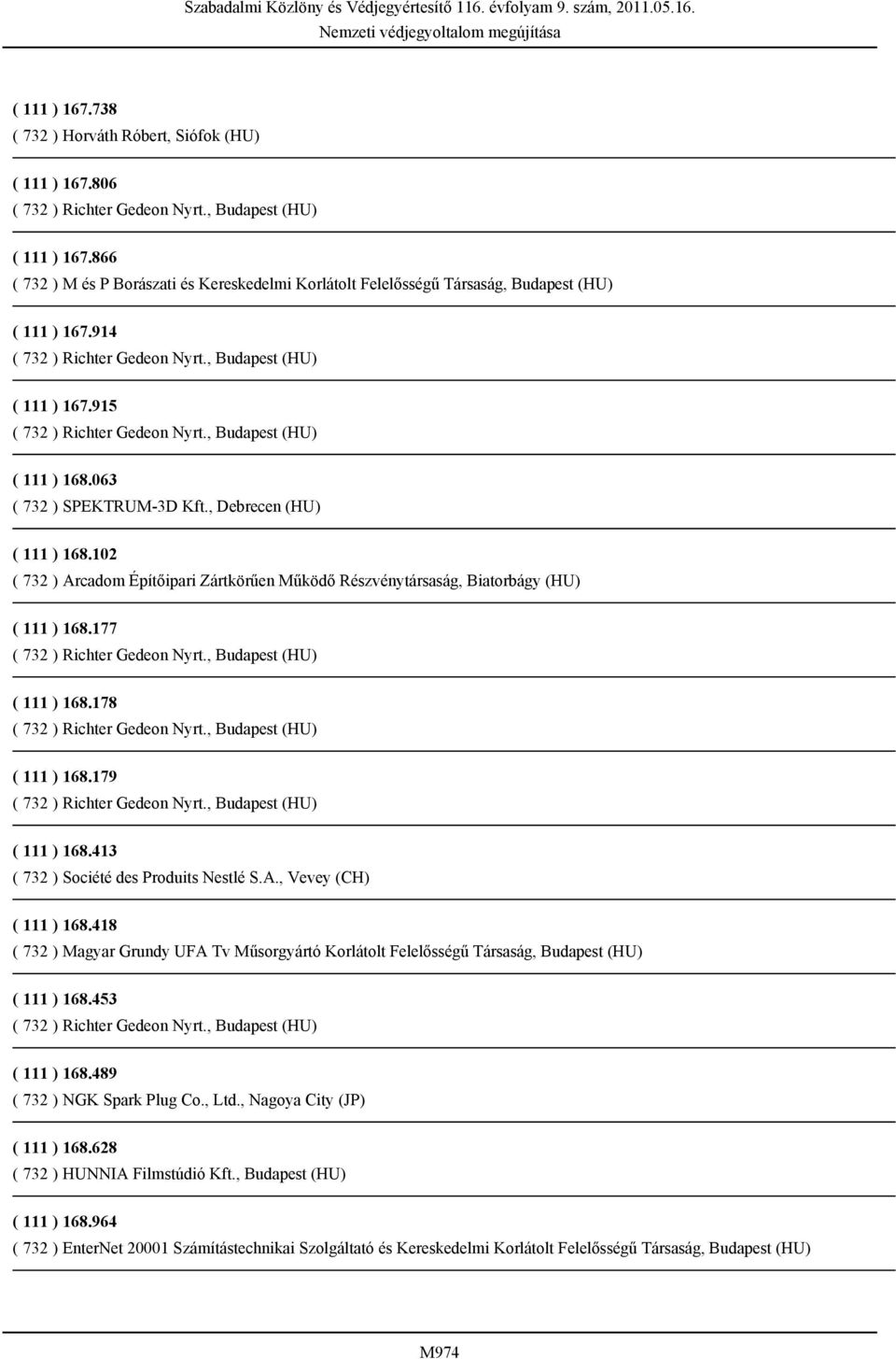179 ( 111 ) 168.413 ( 732 ) Société des Produits Nestlé S.A., Vevey (CH) ( 111 ) 168.418 ( 732 ) Magyar Grundy UFA Tv Műsorgyártó Korlátolt Felelősségű Társaság, Budapest (HU) ( 111 ) 168.