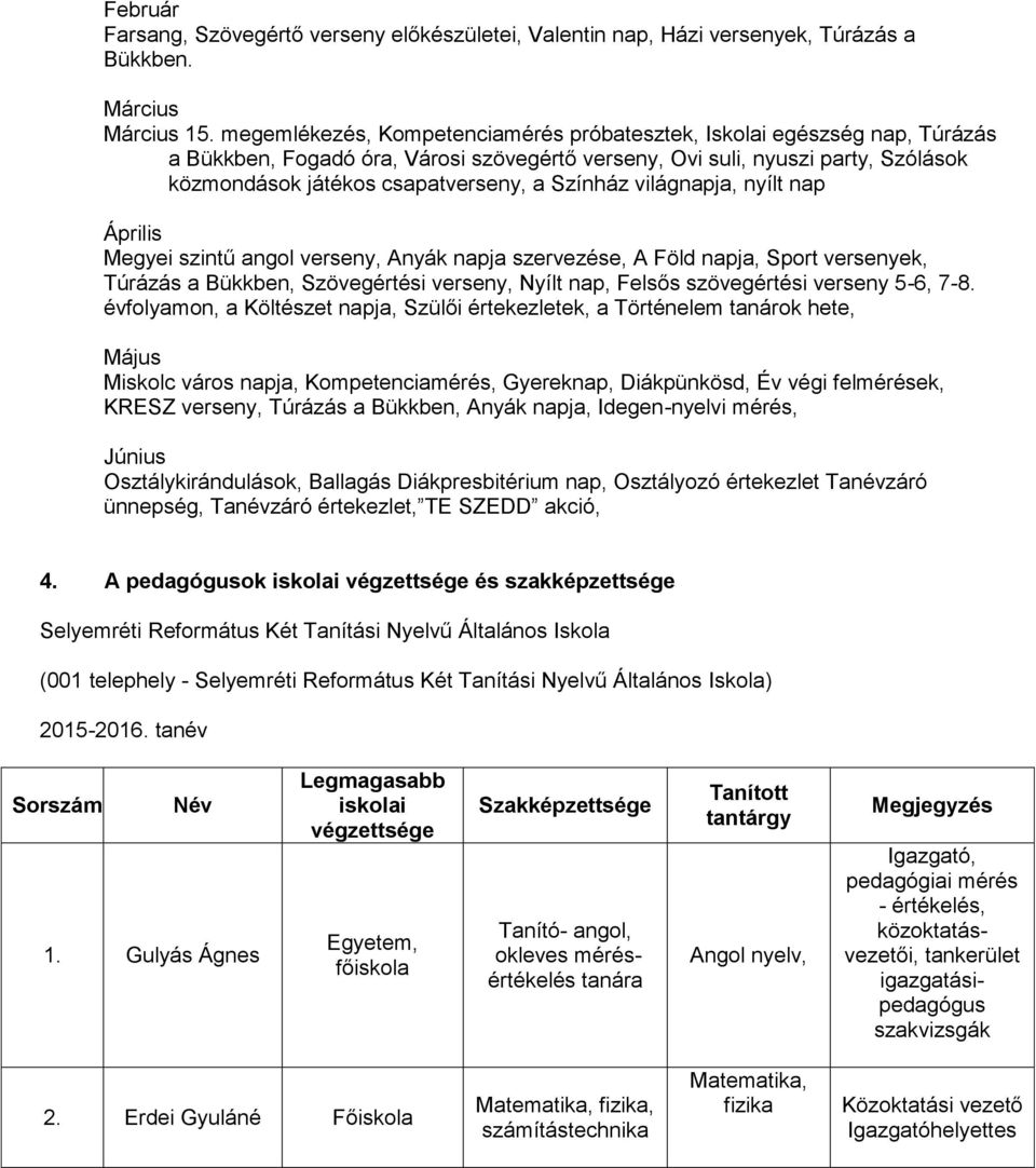 nyílt np Április Megyei szintű ngol verseny, Anyák npj szervezése, A Föld npj, Sport versenyek, Túrázás Bükken, Szövegértési verseny, Nyílt np, Felsős szövegértési verseny 5-6, 7-8.