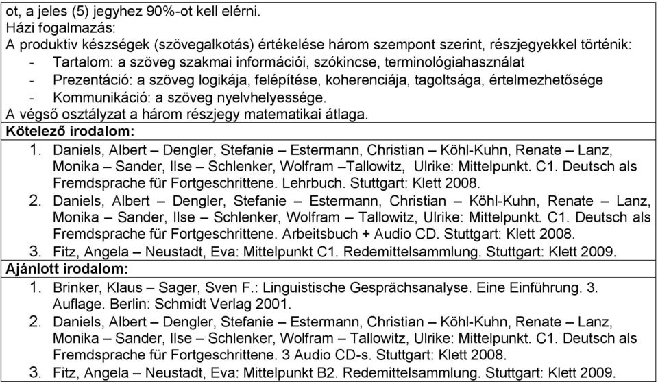 Prezentáció: a szöveg logikája, felépítése, koherenciája, tagoltsága, értelmezhetősége - Kommunikáció: a szöveg nyelvhelyessége. Kötelező irodalom: 1.