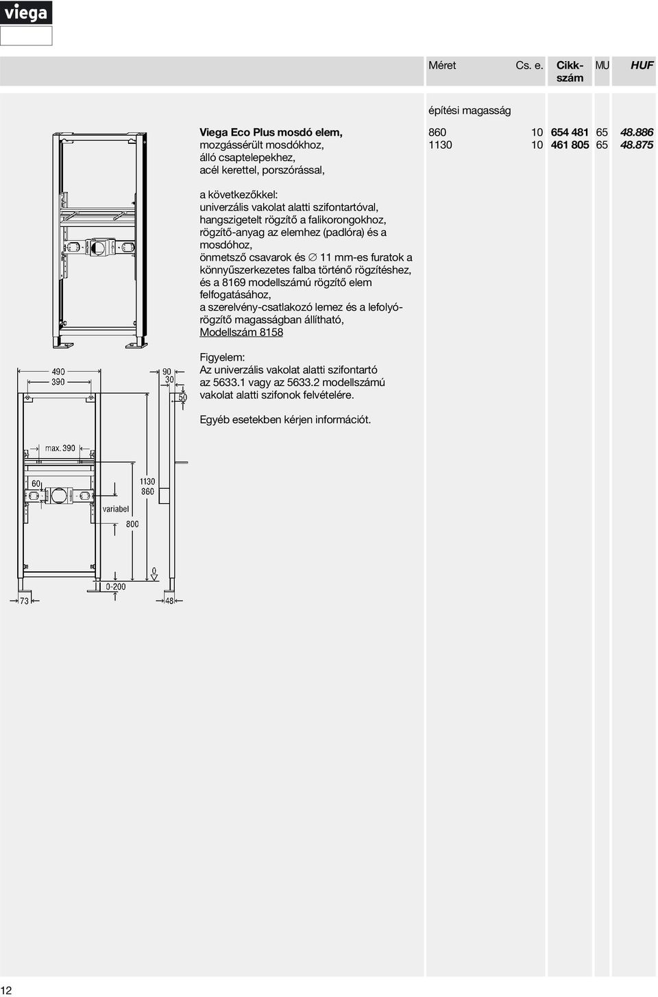 mm-es furatok a könnyűszerkezetes falba történő rögzítéshez, és a 8169 modellszámú rögzítő elem felfogatásához, a szerelvény-csatlakozó lemez és a lefolyórögzítő