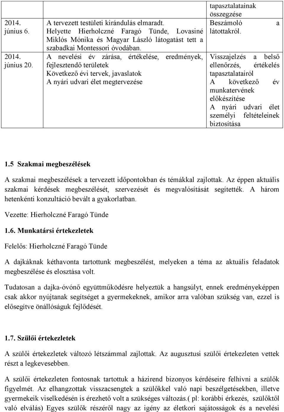 Visszajelzés a belső ellenőrzés, értékelés tapasztalatairól A következő év munkatervének előkészítése A nyári udvari élet személyi feltételeinek biztosítása a 1.