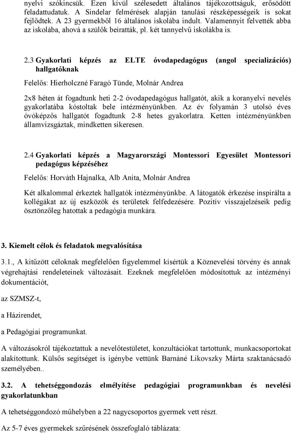 specializációs) hallgatóknak Felelős: Hierholczné Faragó Tünde, Molnár Andrea 2x8 héten át fogadtunk heti 2-2 óvodapedagógus hallgatót, akik a koranyelvi nevelés gyakorlatába kóstoltak bele