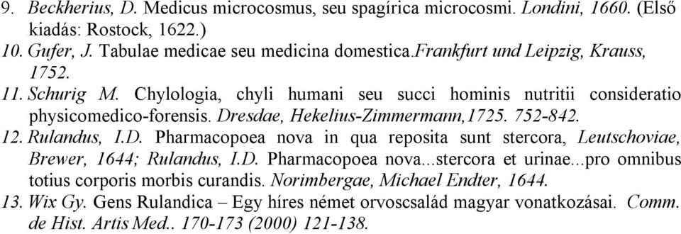 752-842. 12. Rulandus, I.D. Pharmacopoea nova in qua reposita sunt stercora, Leutschoviae, Brewer, 1644; Rulandus, I.D. Pharmacopoea nova...stercora et urinae.