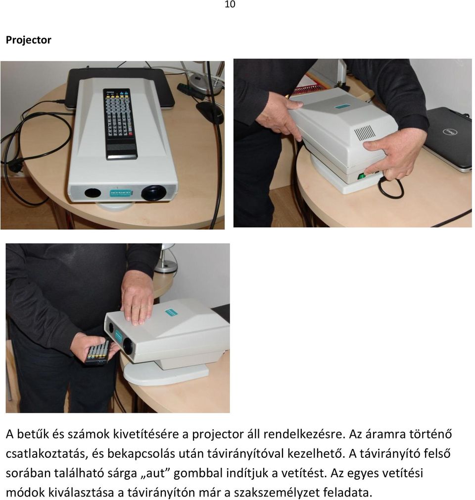 A távirányító felső sorában található sárga aut gombbal indítjuk a vetítést.