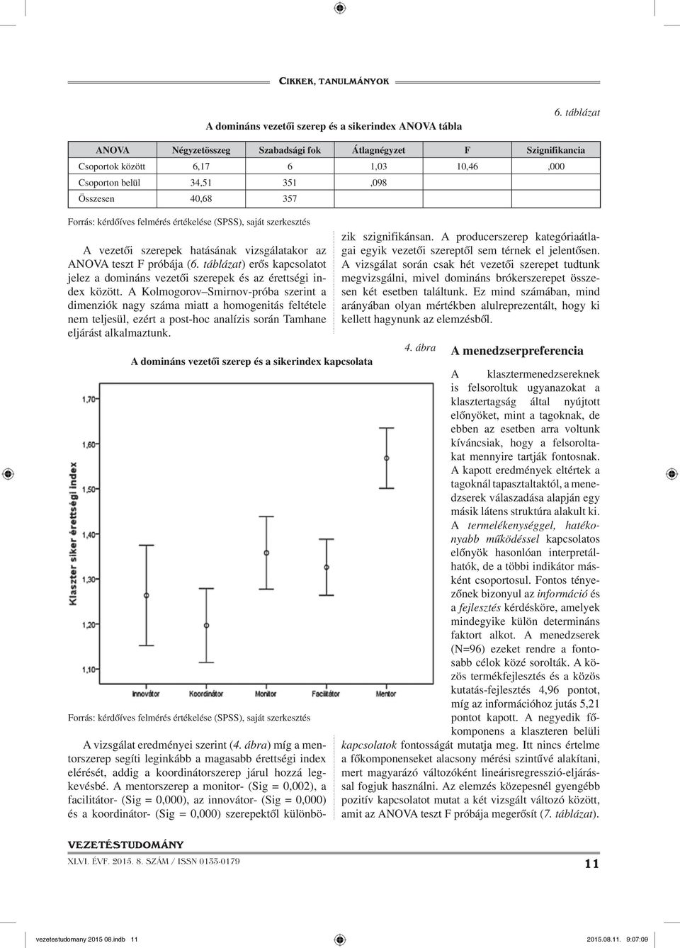 (SPSS), saját szerkesztés A vezetői szerepek hatásának vizsgálatakor az ANOVA teszt F próbája (6. táblázat) erős kapcsolatot jelez a domináns vezetői szerepek és az érettségi index között.