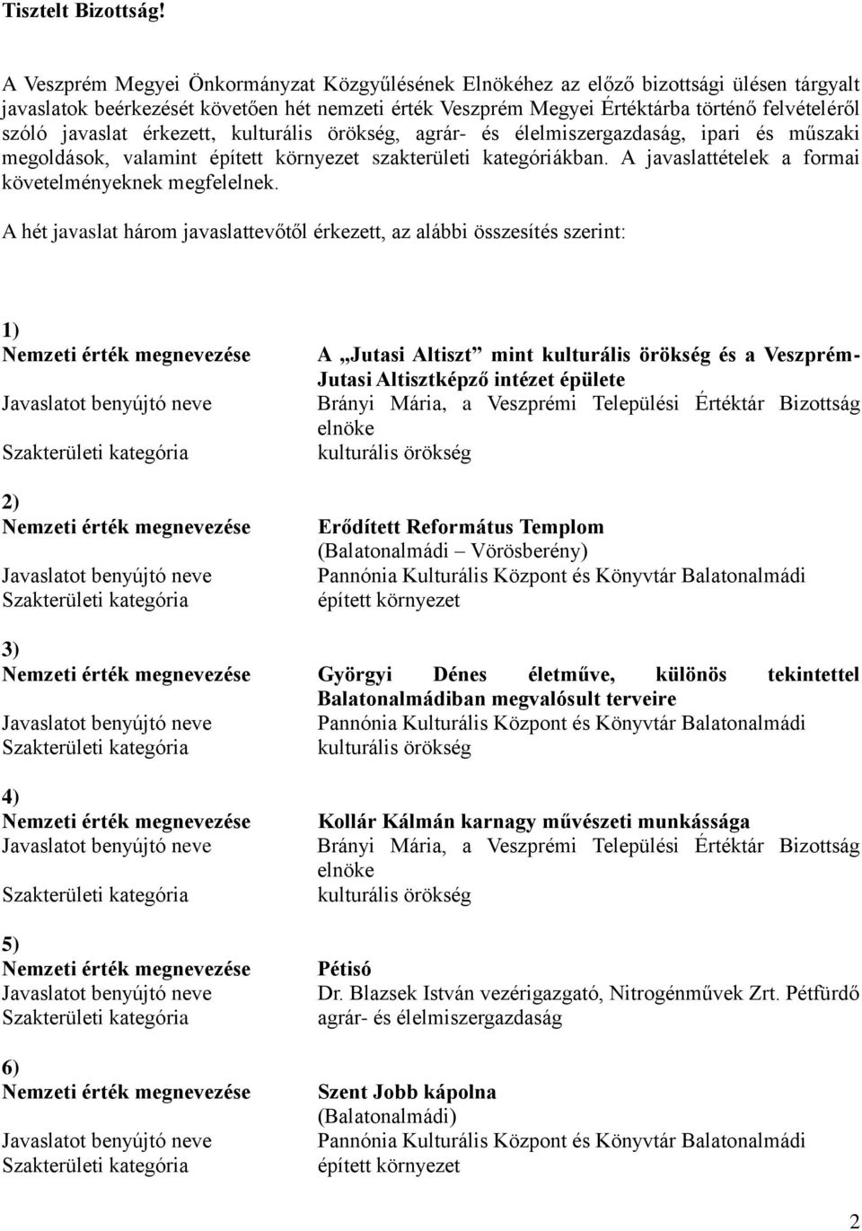 javaslat érkezett, kulturális örökség, agrár- és élelmiszergazdaság, ipari és műszaki megoldások, valamint épített környezet szakterületi kategóriákban.