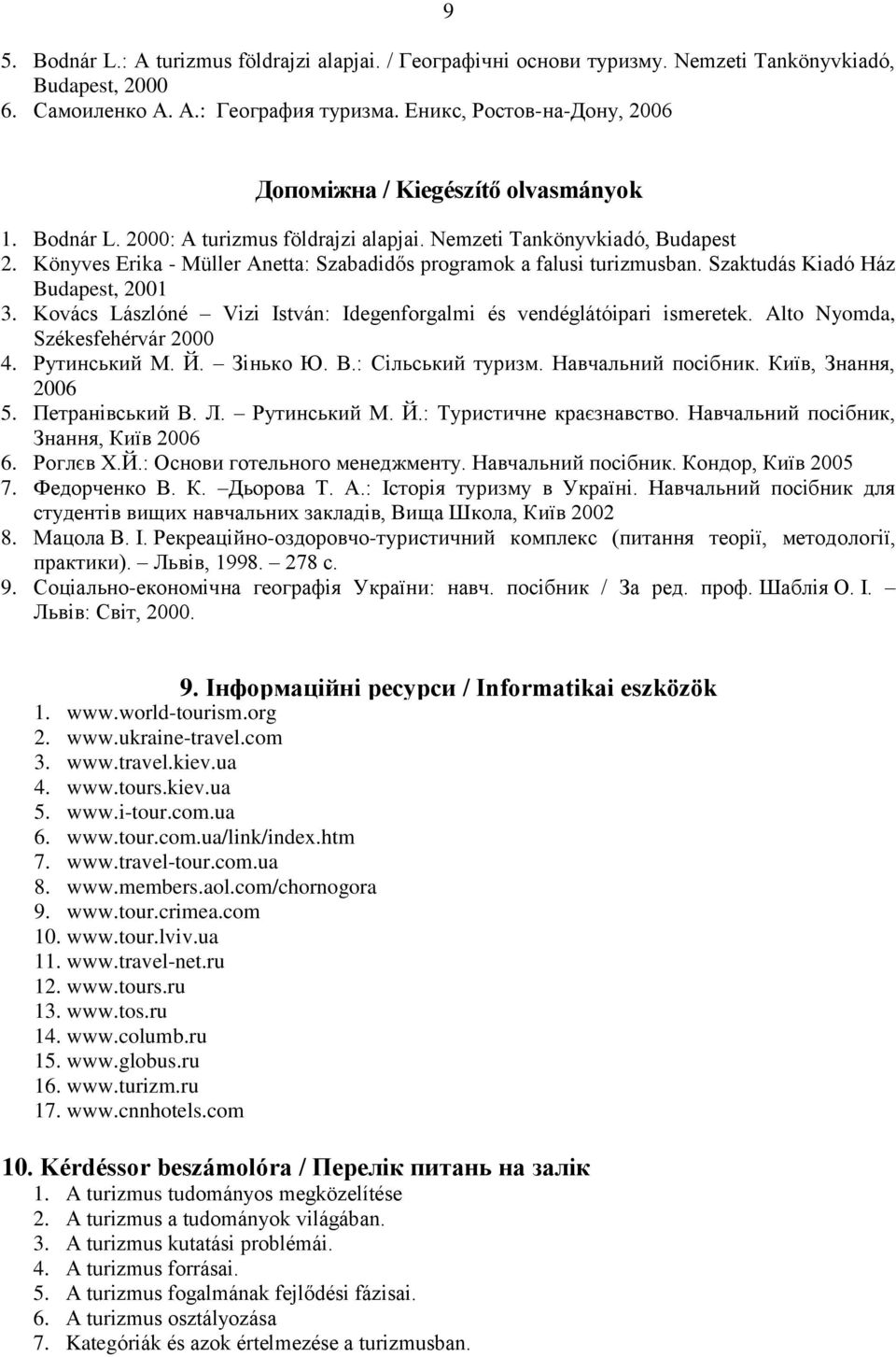 Könyves Erika - Müller Anetta: Szabadidős programok a falusi turizmusban. Szaktudás Kiadó Ház Budapest, 2001 3. Kovács Lászlóné Vizi István: Idegenforgalmi és vendéglátóipari ismeretek.