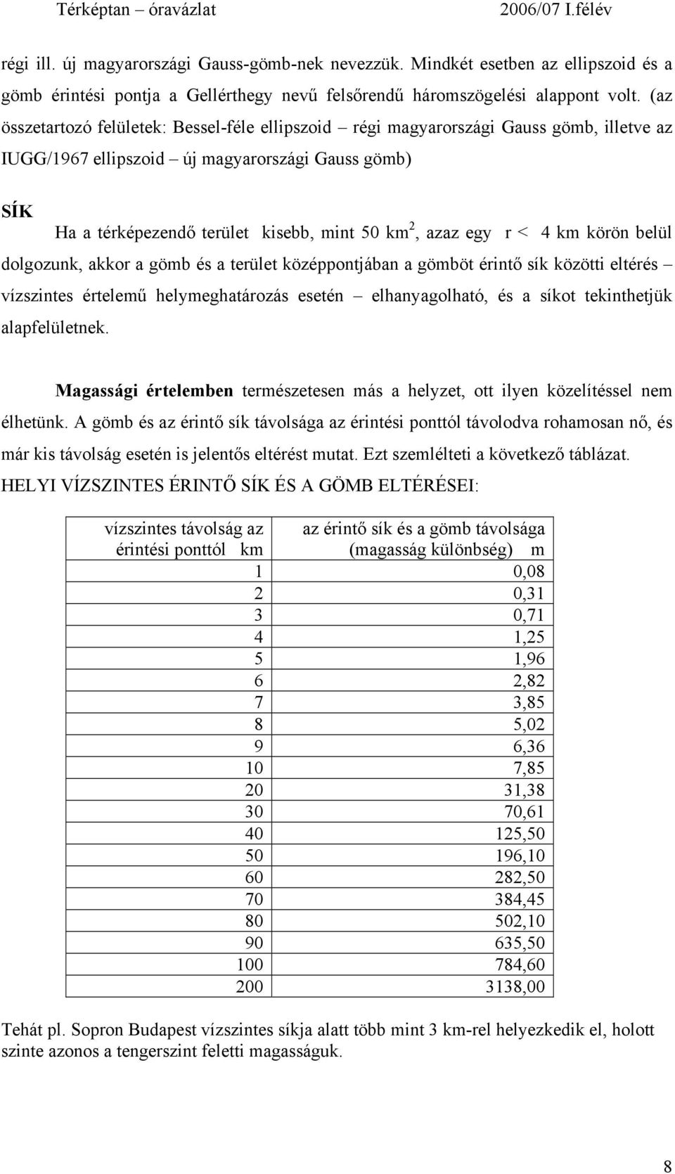 egy r < 4 km körön belül dolgozunk, akkor a gömb és a terület középpontjában a gömböt érintő sík közötti eltérés vízszintes értelemű helymeghatározás esetén elhanyagolható, és a síkot tekinthetjük