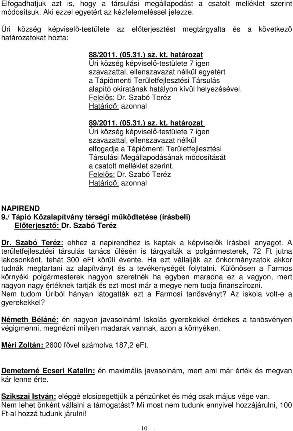 határozat szavazattal, ellenszavazat nélkül egyetért a Tápiómenti Területfejlesztési Társulás alapító okiratának hatályon kívül helyezésével. 89/2011. (05.31.) sz. kt.
