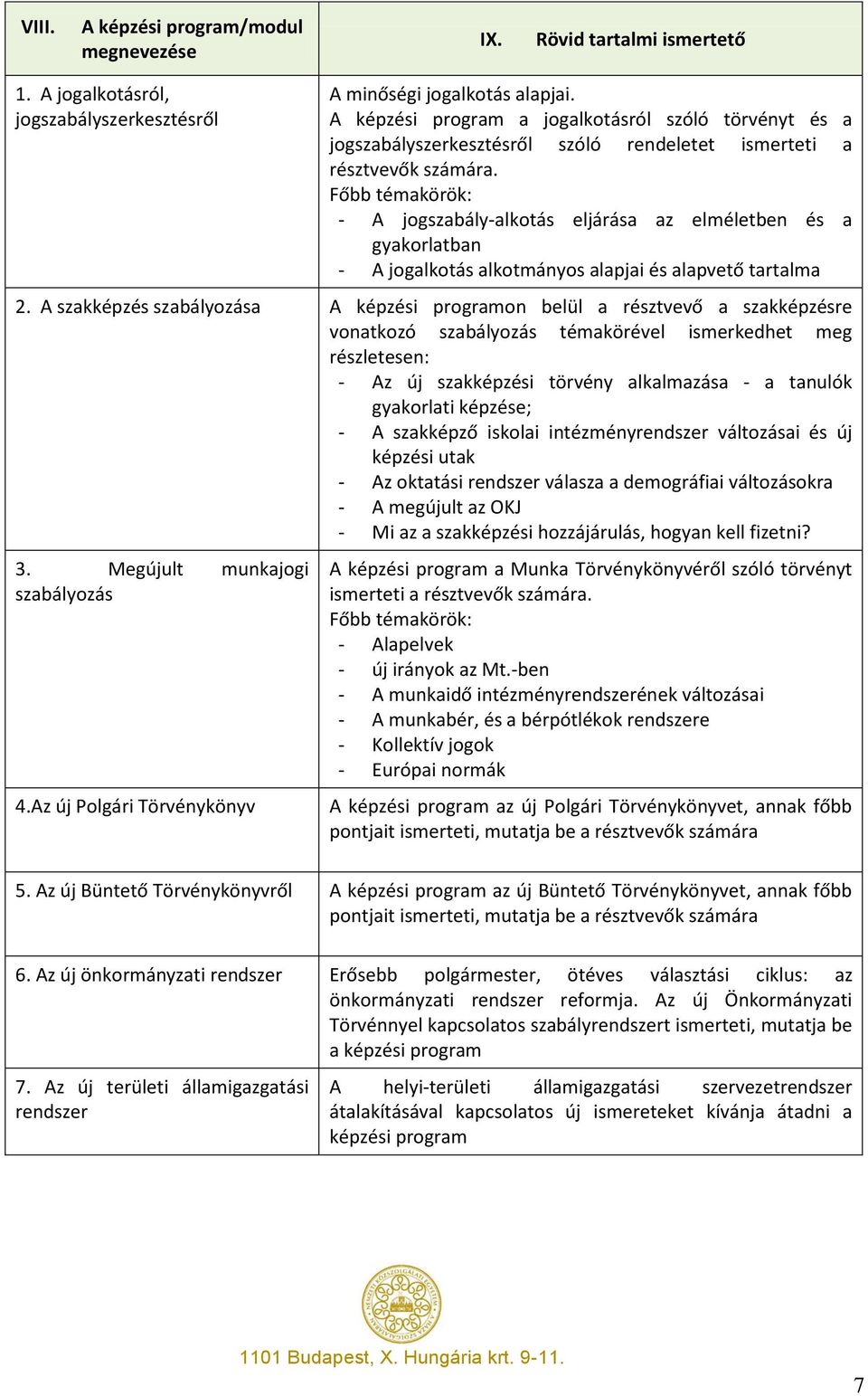 Főbb témakörök: - A jogszabály-alkotás eljárása az elméletben és a gyakorlatban - A jogalkotás alkotmányos alapjai és alapvető tartalma 2.