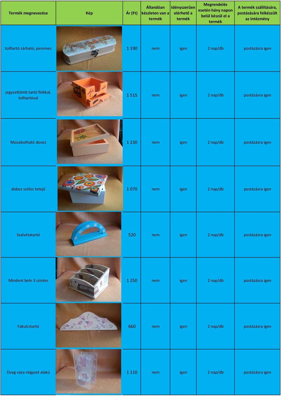 igen 2 nap/db postázásra igen Szalvétatartó 520 nem igen 2 nap/db postázásra igen Mindent bele 3 szintes 1 250 nem igen 2