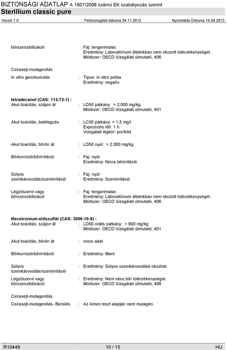 belélegzés Akut toxicitás, bőrön át Bőrkorrózió/bőrirritáció Súlyos szemkárosodás/szemirritáció Légzőszervi vagy bőrszenzibilizáció : LD50 patkány: > 2.